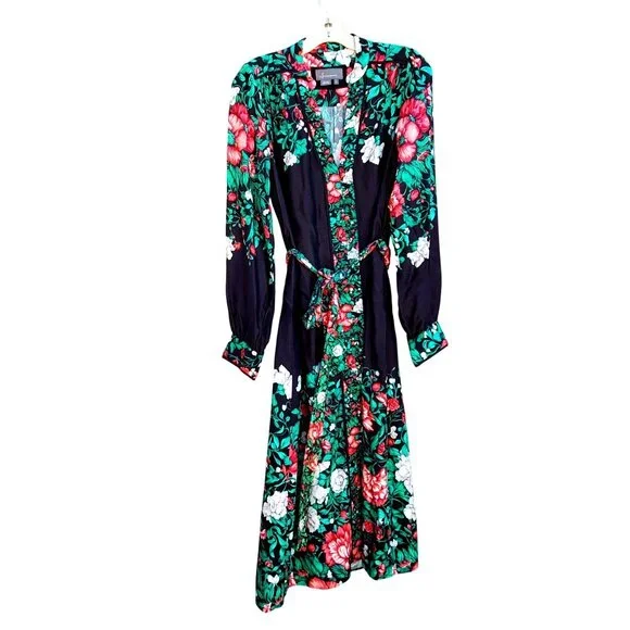 Anthropologie Bohemian Midi Shirt Dress 12 Long Sleeve Black and Green Floral - Picture 2 of 12
